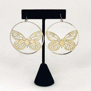 Vintage Enameled Large Hoop Butterfly Earrings - Silver Tone - 2 Inches